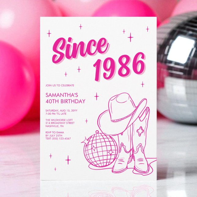 Invitation Western Country Pink Disco 40e anniversaire (Western Country Pink Disco 40th Birthday Party Invitation)