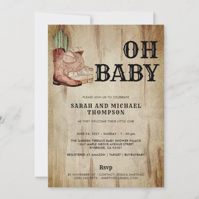 Invitation Western Cowboy Baby Shower Cactus Hat Boots (Devant)