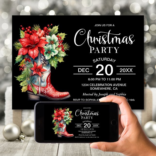 Invitation Western Cowboy Boot Black Christmas Party (Créateur téléchargé)