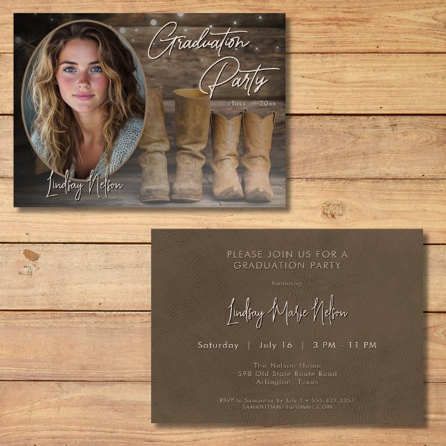 Invitation Western Cowboy Boots Rustic Photo Graduation Party (Western Cowboy Boots Rustic Photo Graduation Party Invitation)