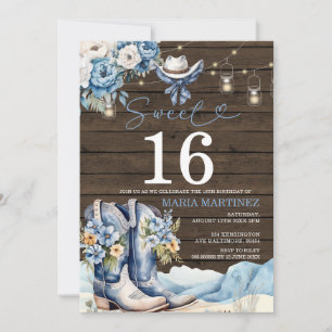 Invitation Western Cowgirl Blue Floral Wood Sweet 16 Annivers