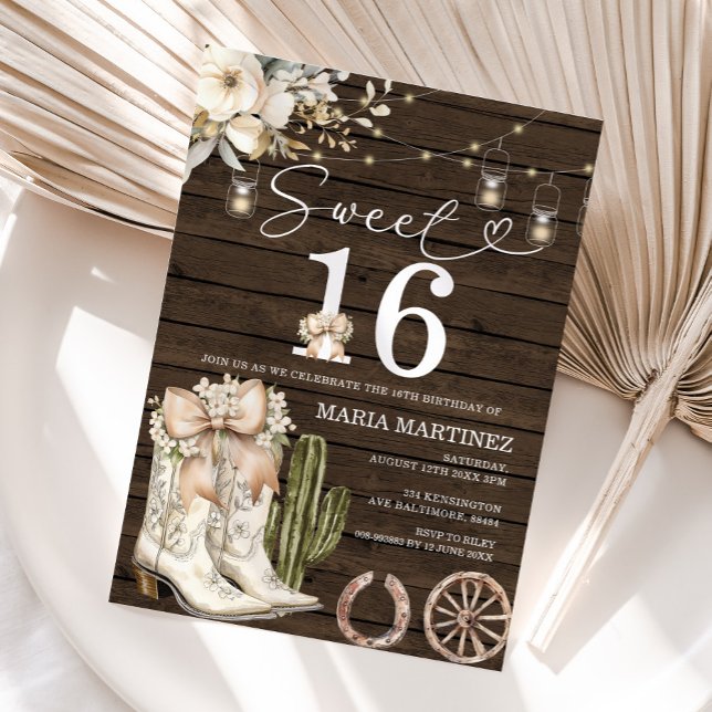 Invitation Western Cowgirl Bottes blanches Bois doux 16 Anniv (Créateur téléchargé)