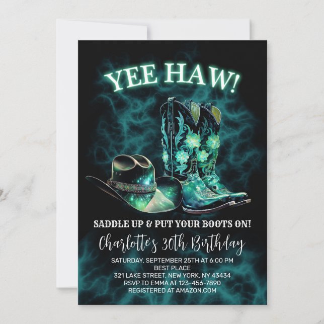 Invitation Western Cowgirl fête d'anniversaire Turquoise Gree (Devant)