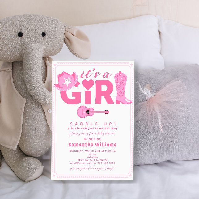 Invitation Western Cowgirl It's a Girl Pink Plaid Baby Shower (Western Cowgirl It's a Girl Pink Gingham Plaid Pink Cute Cowboy Boots and Hat Baby Shower Invitation)