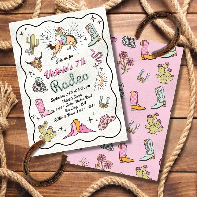Invitation Western Cowgirl Rodeo dessiné à la main Anniversai (Créateur téléchargé)