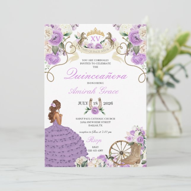 Invitation Western Fairytale Purple Cowgirl Quinceañera (Debout devant)