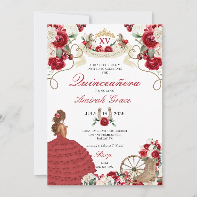 Invitation Western Fairytale Red Cowgirl Quinceañera (Devant)