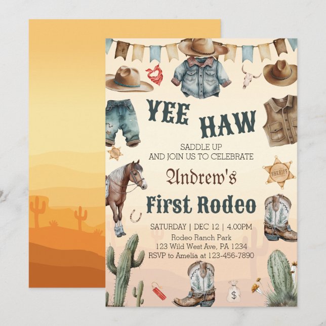 Invitation Western First Rodeo Wild West Cowboy Anniversaire (Devant / Derrière)