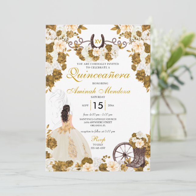 Invitation Western Gold Ivory Charro Cowgirl Quinceañera (Debout devant)