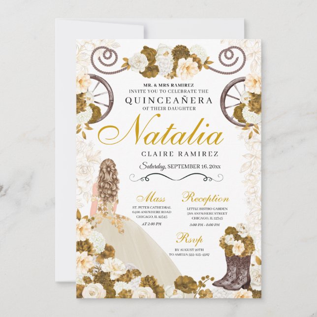 Invitation Western Gold & Ivory Princess Cowgirl Quinceanera (Devant)
