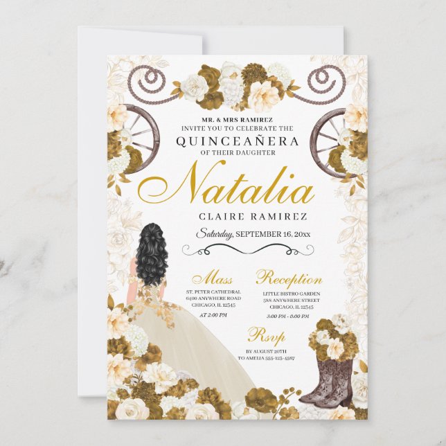Invitation Western Gold & Ivory Princess Cowgirl Quinceanera (Devant)