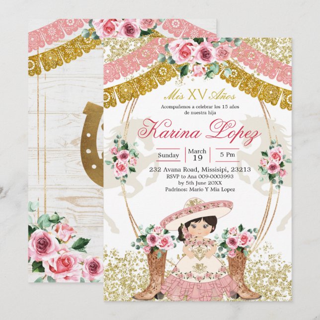 Invitation Western Mexican Pink Boot Charra Mis Quince (Devant / Derrière)
