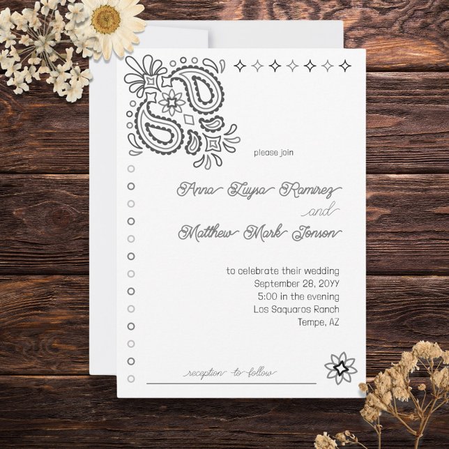 Invitation Western Modern Simple Noir et blanc (Classic black and white with traditional bandana elements. Modern Western. )