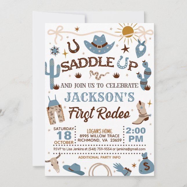 Invitation Western My First Rodeo Birthday Boy (Bleu) (Devant)