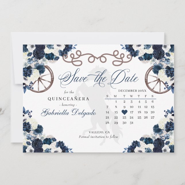 Invitation Western Navy Blue Charro Quinceañera Enregistrer L (Devant)