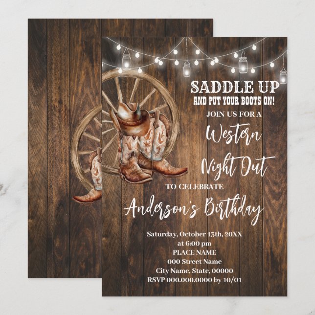 Invitation Western Night Out Country Cowboy Anniversaire (Devant / Derrière)