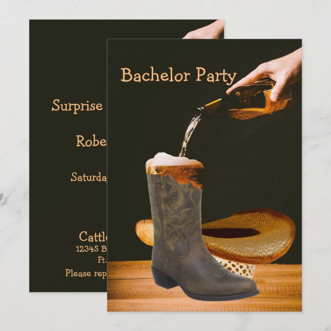 Invitation Western Party Bachelor Cowboy Bière Casquette (Devant / Derrière)