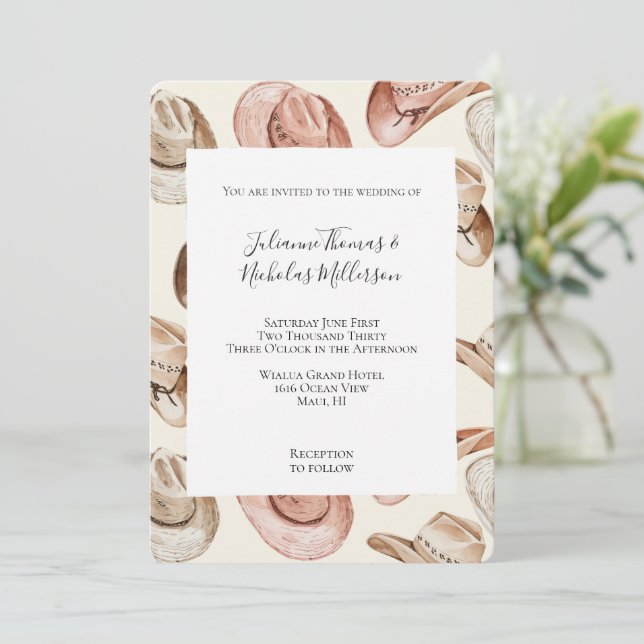 Invitation Western Pink Cream Cowgirl Cowboy Mariage Casquett (Debout devant)
