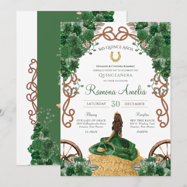 Invitation Western Ranch Emerald Green Floral Quinceañera (Devant / Derrière)