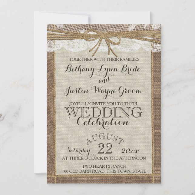 Invitation Western Romance Burlap et Lace (Devant)