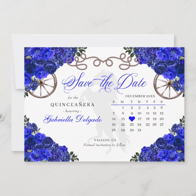 Invitation Western Royal Blue Quinceañera Enregistrer La Date (Devant)