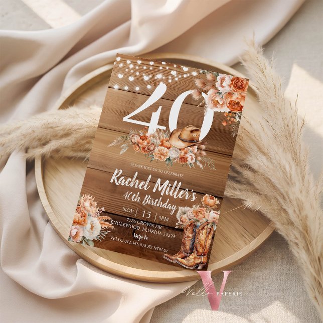 Invitation Western Rustic Dried Flower Hat Boots Birthday (Créateur téléchargé)