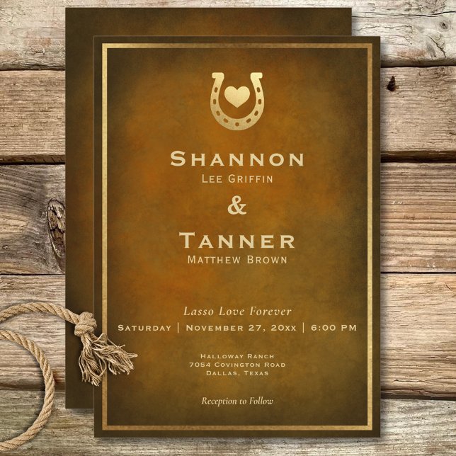 Invitation Western Rustic Horseshoe Coeur Brown or Mariage (Western Rustic Horseshoe Heart Brown Gold Wedding Invitation)