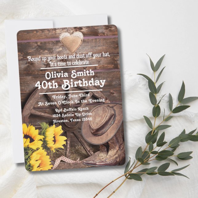 Invitation Western Rustic Sunflower Boot Casquette 40e annive (Créateur téléchargé)