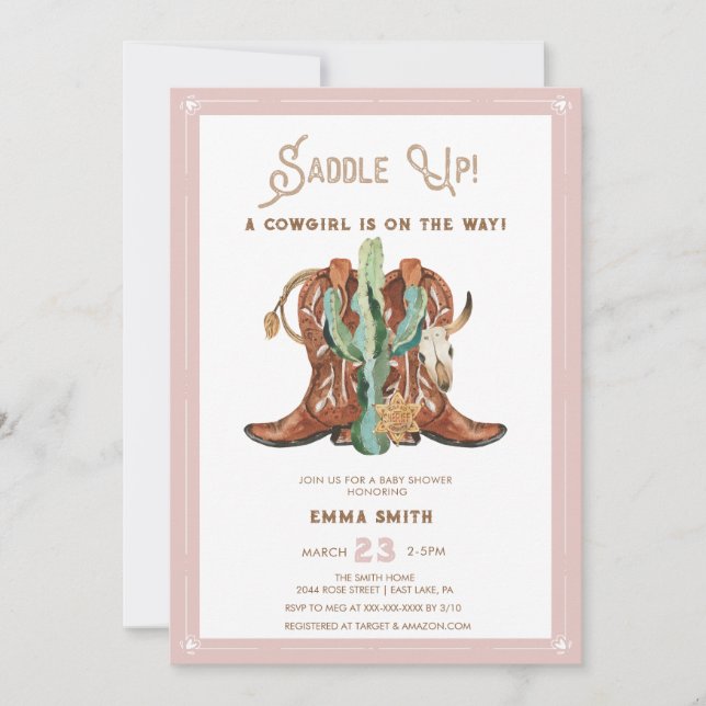 Invitation Western Watercolor Baby Girl Douche (Devant)