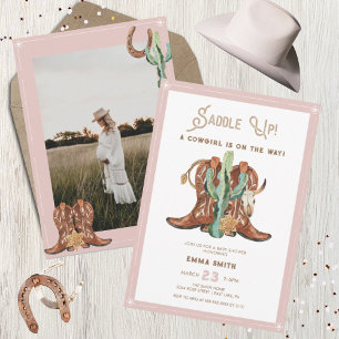 Invitation Western Watercolor Photo Baby Girl Douche