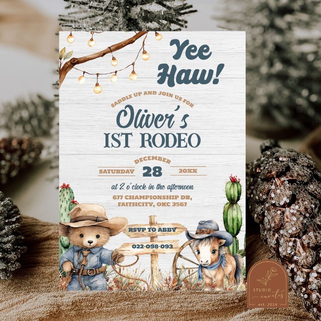 Invitation Western Yeehaw Bear Cowboy Premier Rodéo Anniversa (Créateur téléchargé)