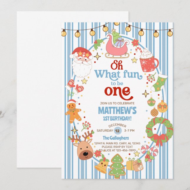 Invitation What fun to be One boy 1st birthday invite. (Devant / Derrière)