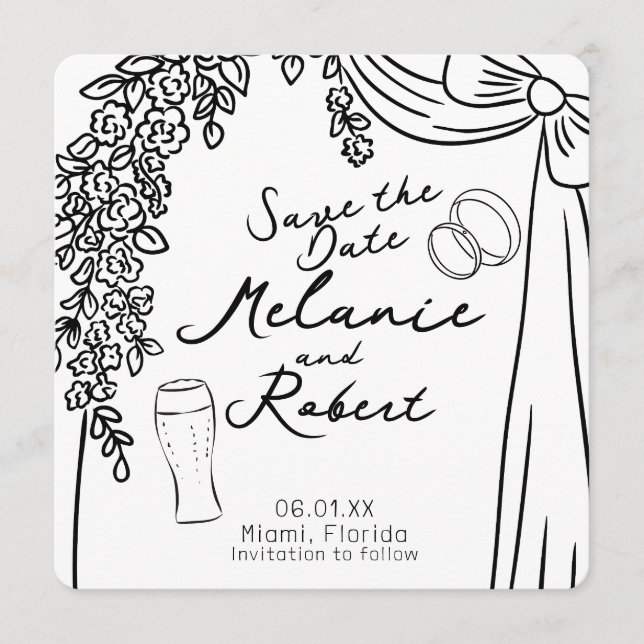 Invitation Whimiscal Doodles Black White Bow Floral (Devant)