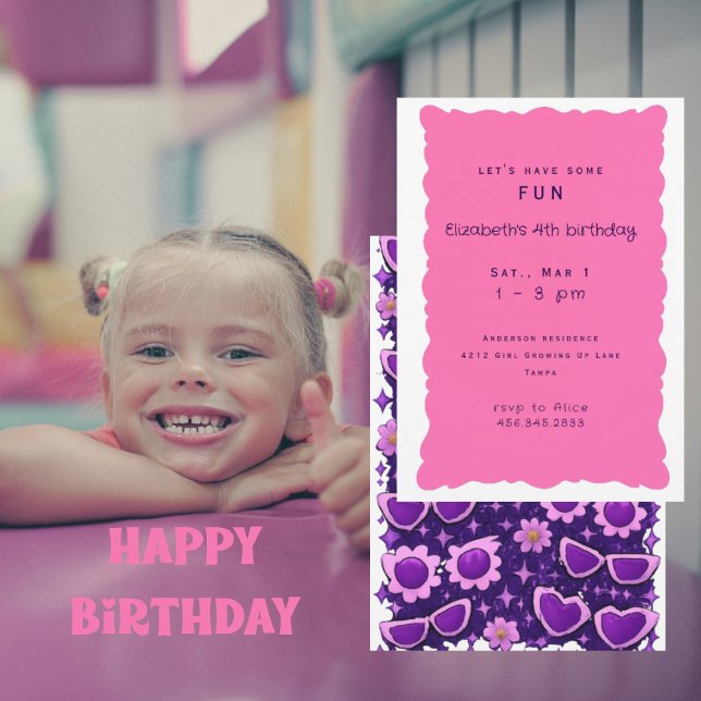 Invitation Whimiscal Purple and Pink 4th Birthday Party II (Créateur téléchargé)