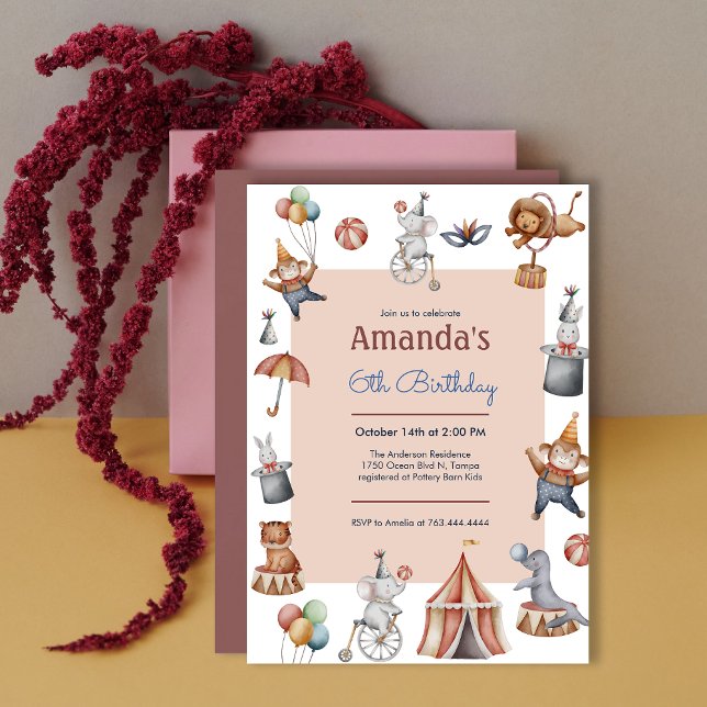 Invitation Whimsical Animaux Circus Anniversaire de enfant Pa (Whimsical Animals Circus Birthday Party Invitation)