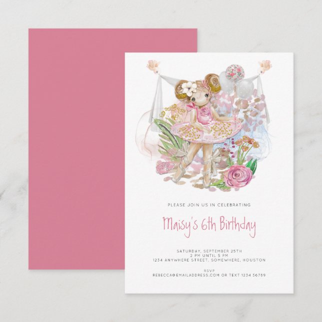 Invitation Whimsical Ballerina Rose Girl 6e fête d'anniversai (Devant / Derrière)