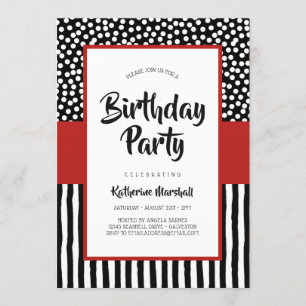 Invitation Whimsical Black Blanc et Rouge Anniversaire