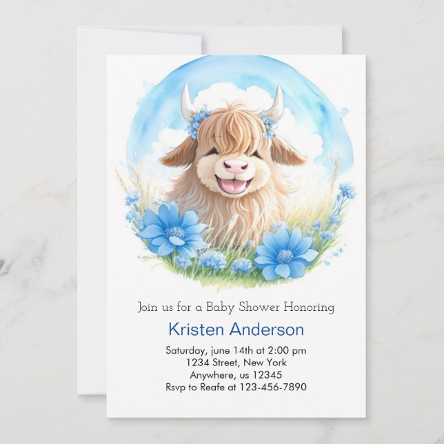 Invitation Whimsical Blisser Highland Cow Boy Baby shower (Devant)
