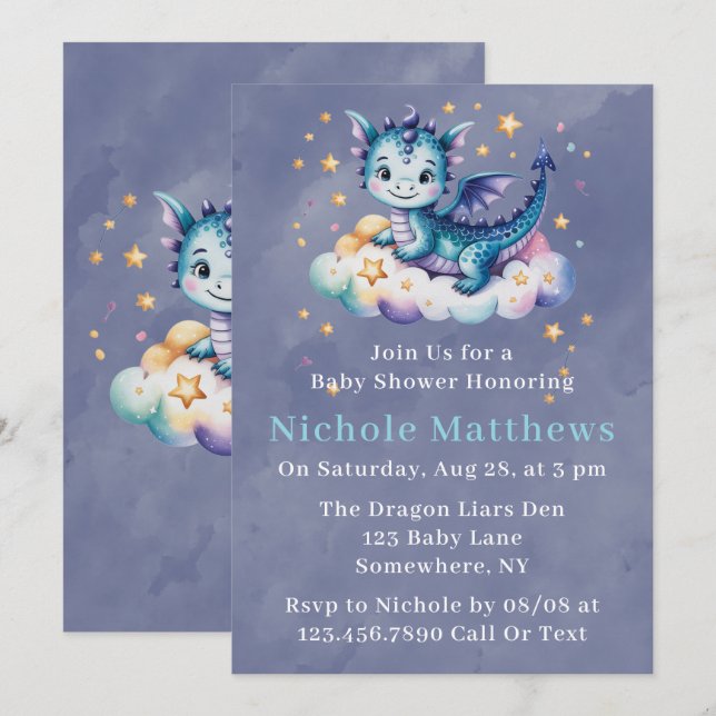 Invitation Whimsical Blue Dragon sur un Baby shower pour garç (Devant / Derrière)