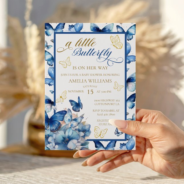 Invitation Whimsical Blue Gold Butterfly Girl Baby shower (Créateur téléchargé)