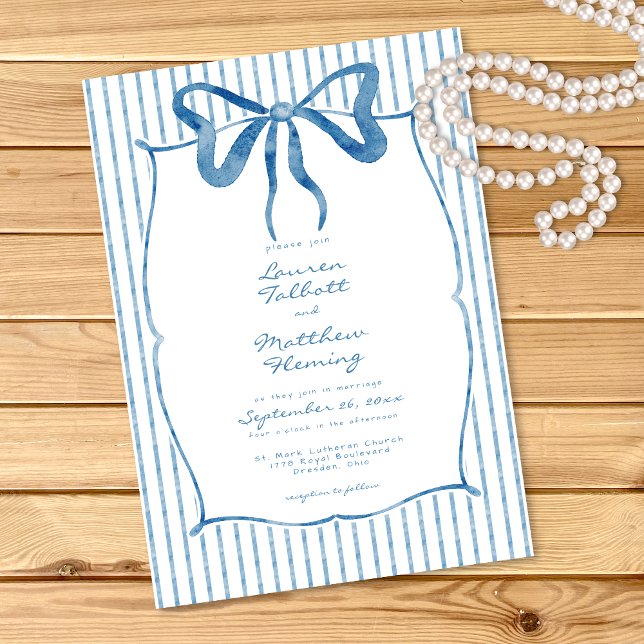 Invitation Whimsical Blue Watercolor Bow Stripe Wedding (Créateur téléchargé)
