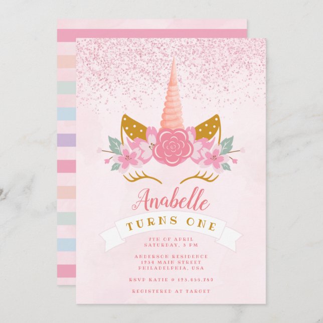Invitation Whimsical Blush rose arc-en-ciel Unicorn Anniversa (Devant / Derrière)