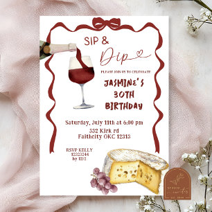 Invitation Whimsical Bow Wine Sip and Dip Anniversaire Invita
