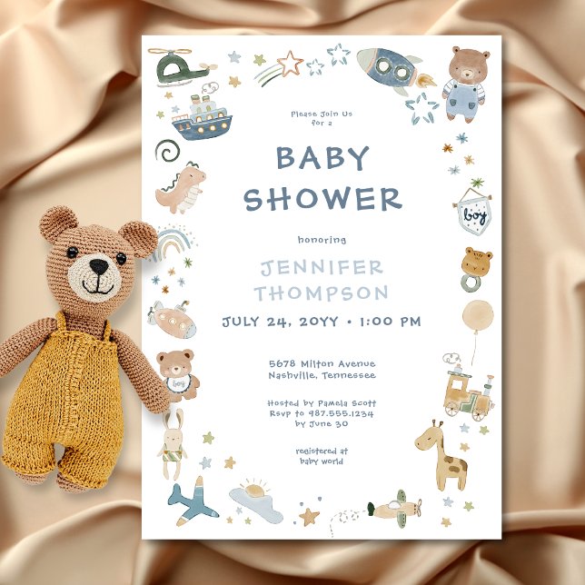 Invitation Whimsical Boy Watercolor Baby shower Doodle (Whimsical Oh Boy Watercolor Doodle Baby Shower Invitation)