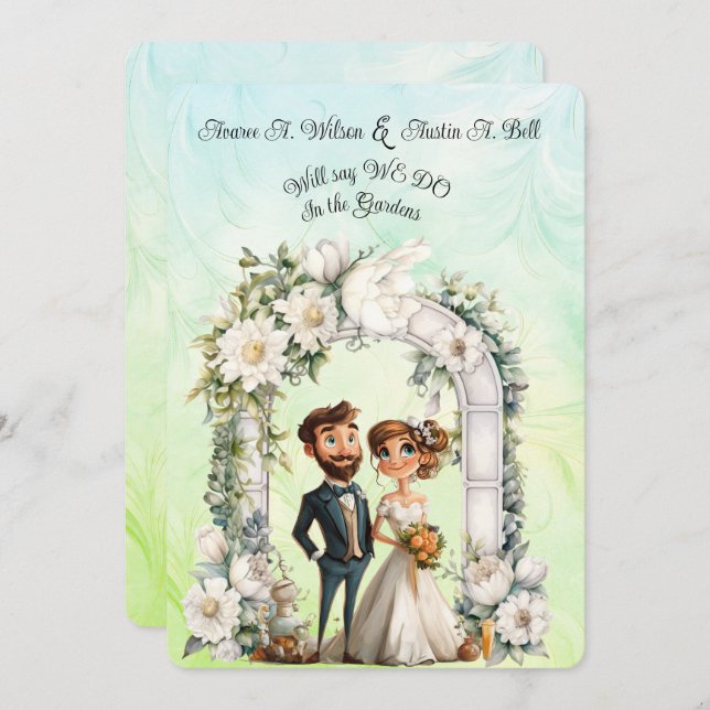 Invitation Whimsical Bride Mariage Arch Blue Green (Devant / Derrière)