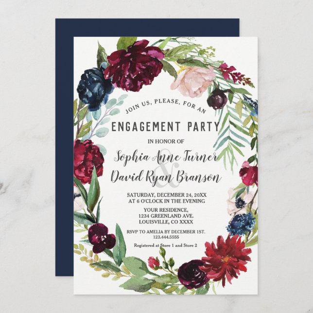 Invitation Whimsical Burgundy Blush Flowers Mariage bleu mari (Devant / Derrière)