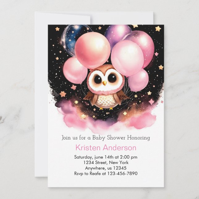 Invitation Whimsical Chouette rose Fleur sauvage Baby shower  (Devant)