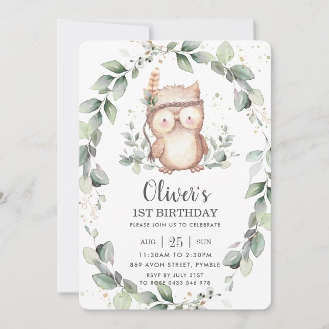 Invitation Whimsical Cute Owl Rustic Green Anniversaire feuil (Devant)