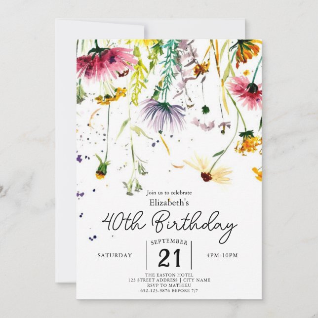Invitation Whimsical Delicate Fleurs sauvages 40e anniversair (Devant)