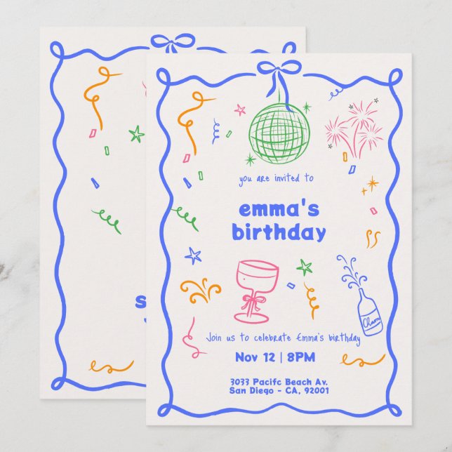 Invitation Whimsical Disco couleur d'anniversaire (Devant / Derrière)